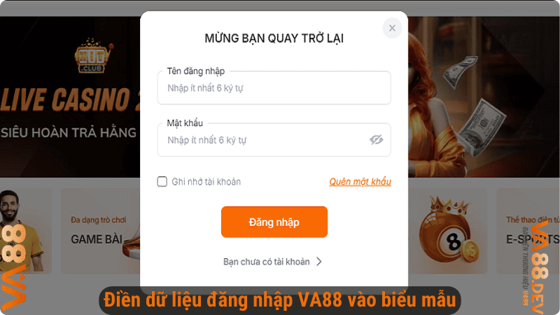 Điền dữ liệu đăng nhập VA88 vào biểu mẫu