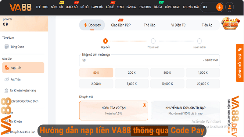 Hướng dẫn nạp tiền VA88 thông qua Code Pay