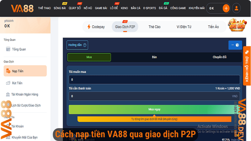 Cách nạp tiền VA88 qua giao dịch P2P