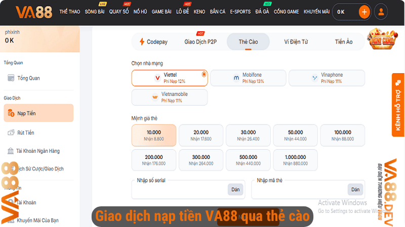 Giao dịch nạp tiền VA88 qua thẻ cào