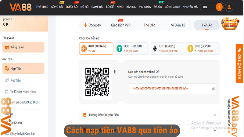 Cách nạp tiền VA88 qua tiền ảo