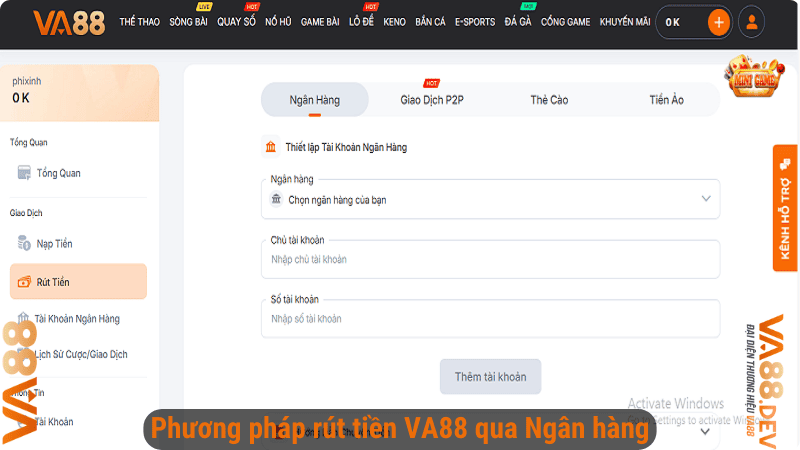 Phương pháp rút tiền VA88 qua Ngân hàng