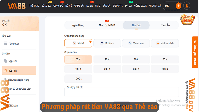 Phương pháp rút tiền VA88 qua Thẻ cào