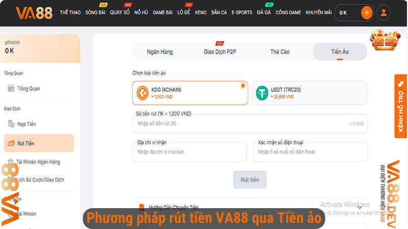 Phương pháp rút tiền VA88 qua Tiền ảo
