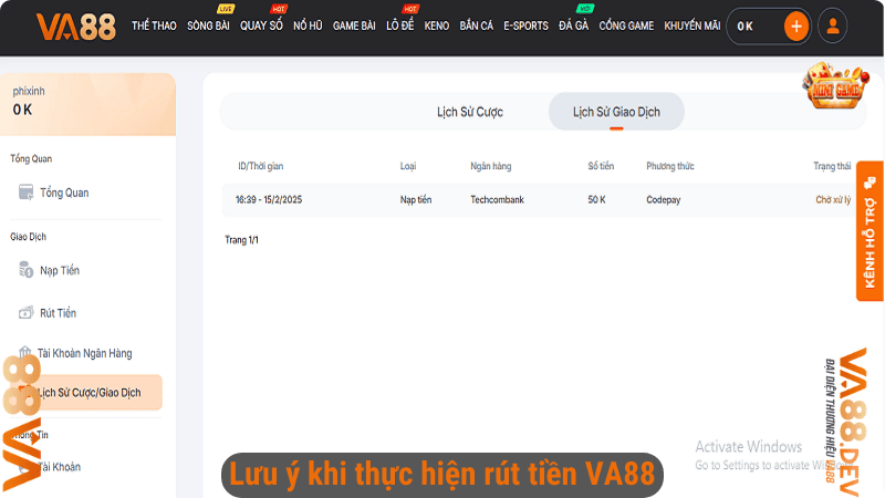 Lưu ý khi thực hiện rút tiền VA88